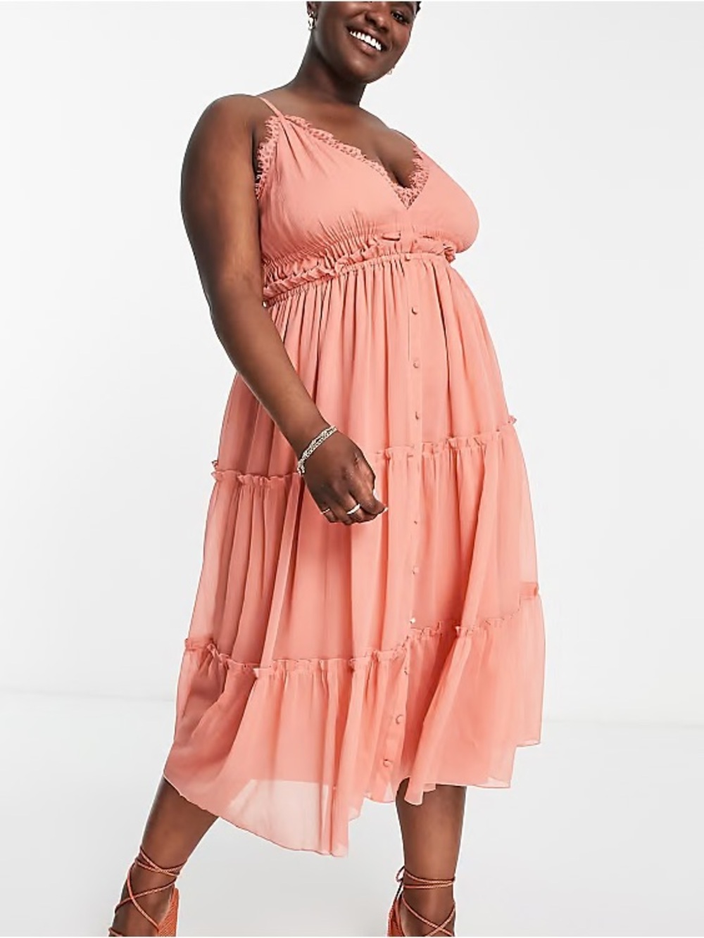 ASOS Curve Coral Tiered V‑Neck Button Midi Dress